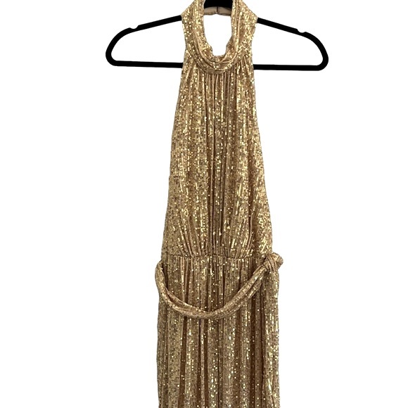 Ieena for Mac Duggal Sequin Halter Neck Sheath Gown gold size 12 - Picture 6 of 12
